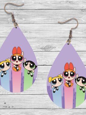 Powerpuff Girls Earrings: 90's Cartoon Wooden Teardrop Hypoallergenic Earrings